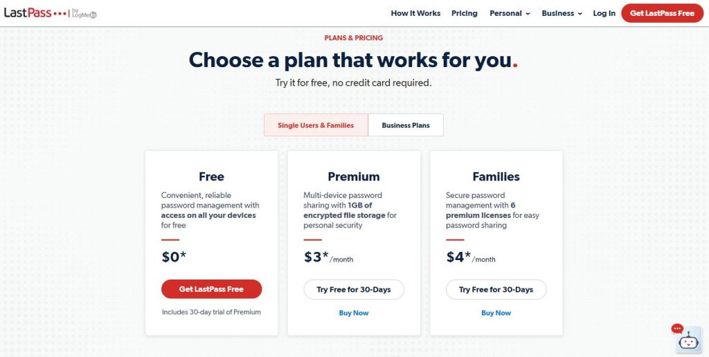 LastPass password generator and manager offers a free tier and 2 premium pricing tiers.