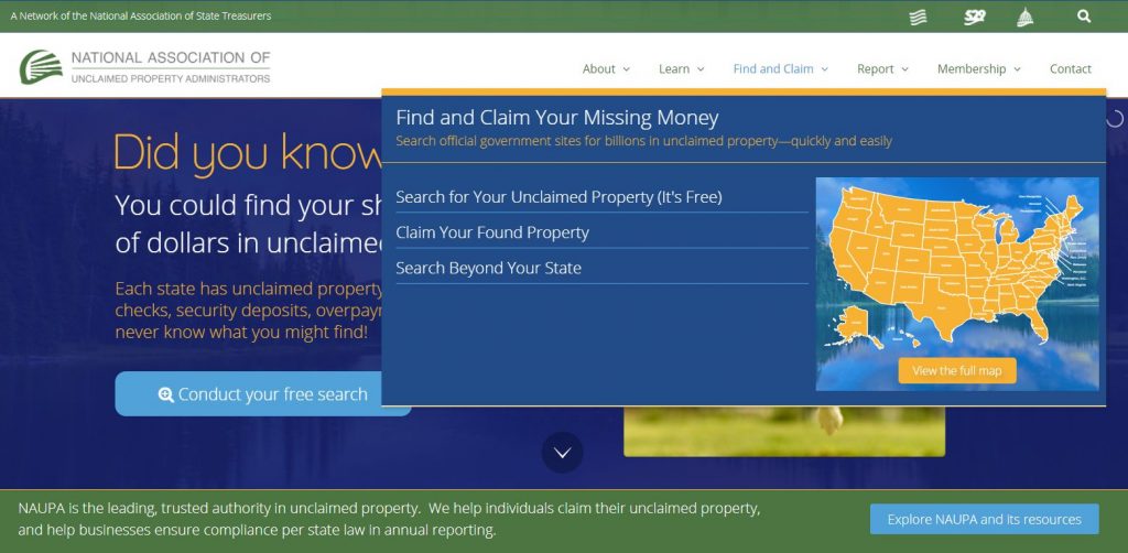 Unclaimed.org homepage. Find money in unclaimed property databases from all 50 US States.